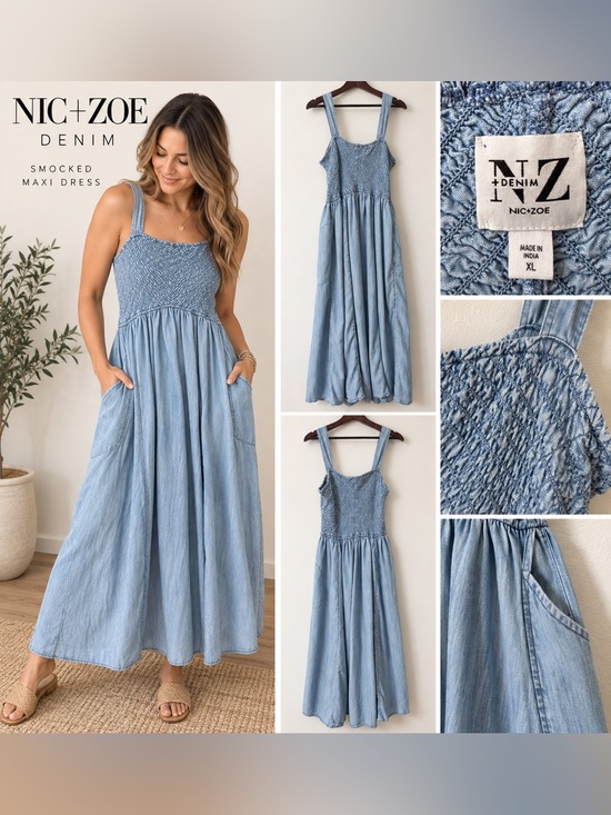 NIC+ZOE | Dresses | Niczoe Light Blue Denim Smocked Maxi Dress Xl Nwot